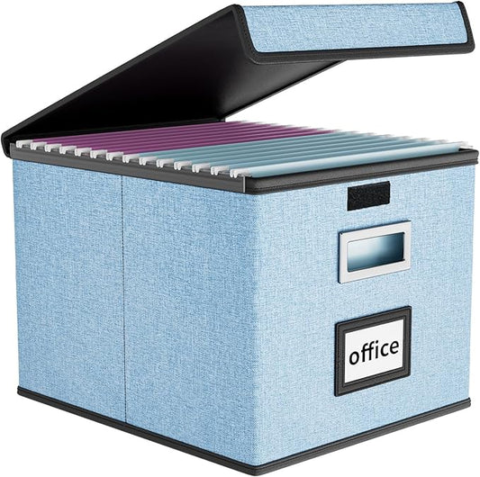 File Organizer Box with Lids, Collapsible File Folder Organizer | File Box with Plastic Slides for Document, Filing Bin for Letter Size Hanging File Folders (1 Pack, Powderblue)