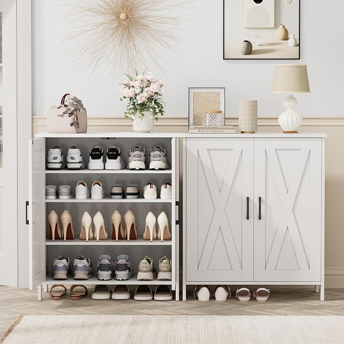 Homleke Farmhouse Shoe Cabinet with 2 Barn Doors & Wood Legs | Tall 4-Tier Shoe Storage Cabinet, 3 Adjustable Shelves, Shoe Rack Organizer, for Entryway, Hallway, Closet, White