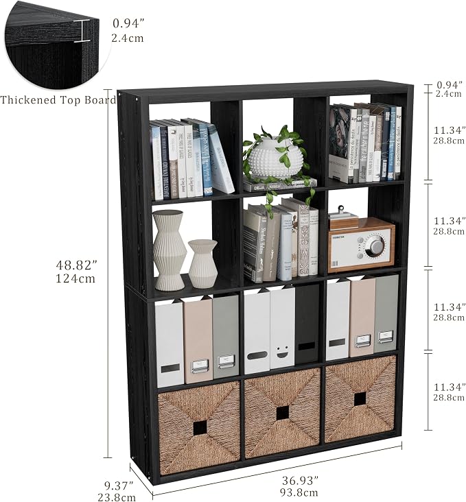 VDNEND Cube Storage Organizer Bookcase, Decorative 11 inch Open Back Cubical Shelf with Thickened Border, Display Bookshelf for Living Room, Home Office, Sturdy Room (Black, 12 Cube)