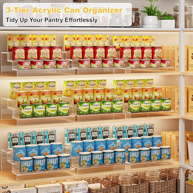 Expandable Clear Acrylic Can Organizer for Pantry, 3-Tier, Holds 24 Cans | Adjustable Can Storage Holder, Soda Can Dispenser Shelf, Canned Goods Display for Cabinets & Countertops (Patent Pending)