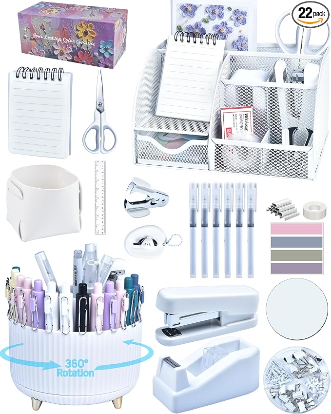 White Desk Accessories and Organizers with Desk Organizer and 360°Rotating Pen Holder stapler Pen and a Lot of Office White Office Supplies Beautifully Presented in a Gift Box