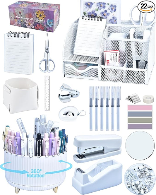 White Desk Accessories and Organizers with Desk Organizer and 360°Rotating Pen Holder stapler Pen and a Lot of Office White Office Supplies Beautifully Presented in a Gift Box