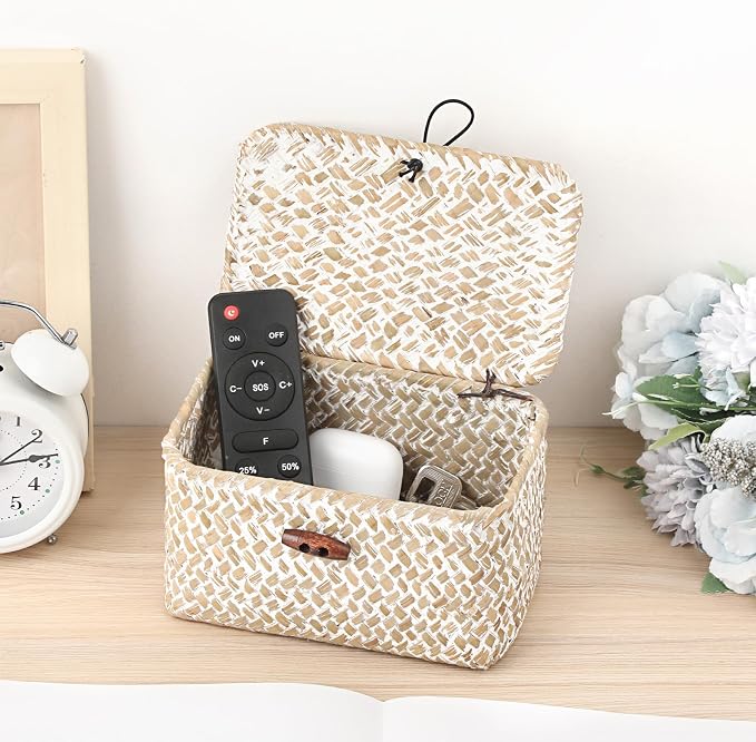 Small Wicker Basket with Lid, Decorative Box for Shelf | Rectangular Bin for Keys & Remotes, Multipurpose Shelf Storage, Durable Natural Seagrass, Whitewash, 6.1"x 4"x 3.3"