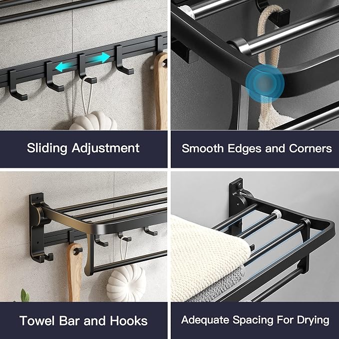 VOLPONE 24 Inch Towel Rack with Towel Bar Holder Foldable Towel Shelf with Movable Hooks Rustproof Towel Storage wall Mount for Bathroom Lavatory Matte Black