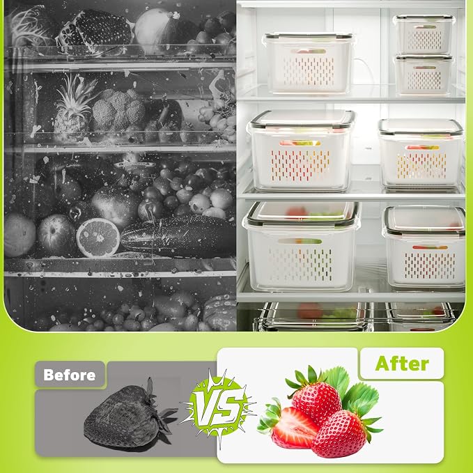 5 Pack Fruit Storage Containers for Fridge, Plastic Fruit Containers Set | with Removable Colanders, Leakproof Fridge Organizers and Storage for Berry Vegetables Salad Lettuce Meat, Dishwasher Safe