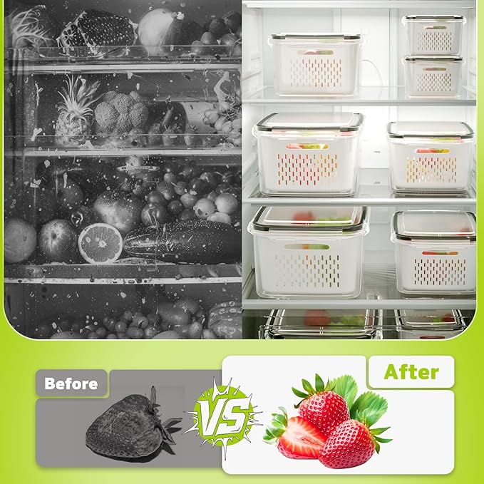 HOMETALL 8 Pack Fruit Storage Containers for Fridge, Produce Containers for Fridge with Colander, Leakproof Fridge Organizers and Storage for Berry Vegetable Salad Lettuce Meat Food