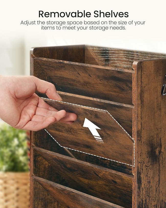 CHOEZON Wall File Organizer, 6-Tier Vertical Mount Hanging Holder with 2 Side Hooks, Vintage Wooden Magazine Storage Crate with Bottom Flat Tray, Desk Organizer, for Office, Home, Rustic Brown MWJ01FG