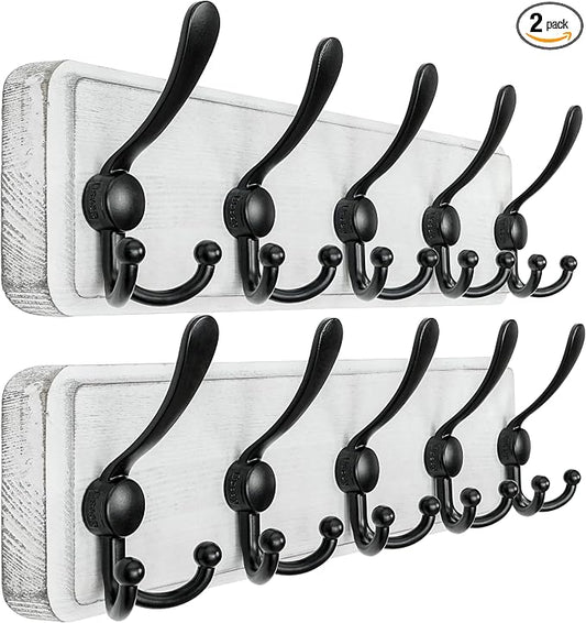 Coat Rack Wall Mounted - 5 Tri Hooks, Heavy Duty, Wooden Wall Coat Hanger Coat Hook for Clothes Hat Jacket Clothing, White & Black, Pack of 2