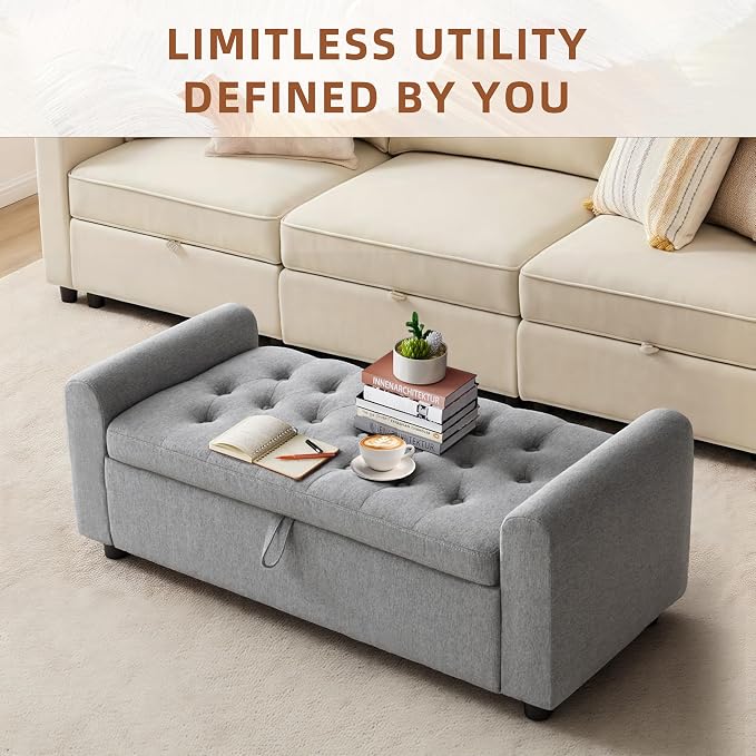 48" Ottoman with Storage, Tufted Storage Ottoman Bench, Convenient Living Room Fabrics Bench Seat, Entryway Shoe Benches with Inner Zipper & Arm, Rivetless Upholstered Window Seat Ottomans, Dark Grey