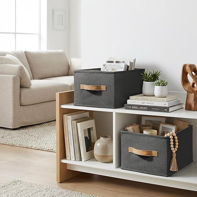 3-Pack Closet Storage Bins, Foldable Fabric Storage Baskets, Black | Thickened Rigid PP Panels, Cotton-linen Shelf Baskets, Measure 14.75"L x 10.25"W x 8.25"H for Clothes, Closets and Drawers