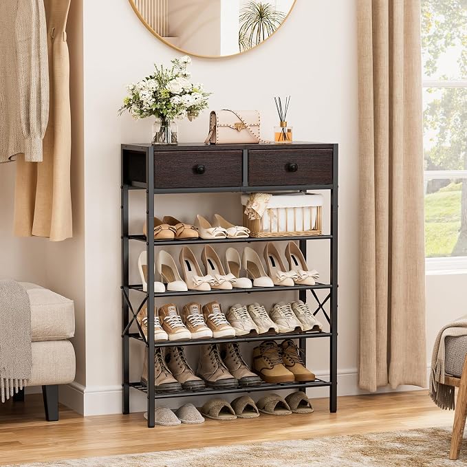 5 Tier Shoe Rack with 2 Drawers, 16-20 Pairs Dark Brown | Holds 16-20 pairs. 2 drawers for socks/keys. Removable layer for boots. Anti-tip kit included. Quick assembly.
