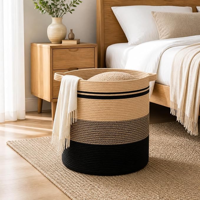 OIAHOMY 80L Laundry Baskets-Laundry Hamper,Storage Basket with Handles,Decorative Basket for Living room,Woven Storage Basket for Toys Bin,Pillows, Blankets,Clothes-20x18in-Yellow Black