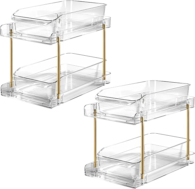 LAREKUN2pack 2-Tier Organizer & Storage Unit Stackable Bathroom Cabinet Organizer Pull-Out Kitchen Pantry Organizer & Storage System Suitable for Countertops, Pantries, Kitchens, Bathrooms