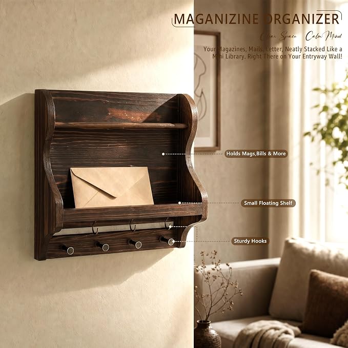 Pine Wood Mail Organizer Wall Mount with 7 Hooks Entryway, Vintage Brown | Mail Holder for Wall, Living Room, Home Office, Magazine Holder for Paper Storage, Home Organization, Apartment Aesthetic