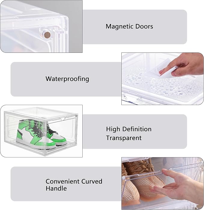 Attelite 12Pack Shoe Boxes Storage Stackable Clear Shoe Organizer Black | Clear Shoe Box for Sneakers Boots & Heels,X-Large,Thicken & Sturdy Plastic,Magnetic Door,Fit up to US Size 12,Easy Assembly
