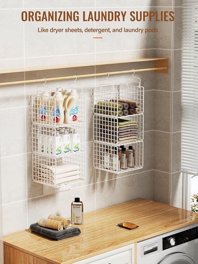 6 Tier Closet Hanging Organizer, Metal Closet Organizers and Storage with 4 Hanging Hooks 4 S-Hooks for Wardrobe Laundry Room, Wire Storage Shelf for Clothes Sweaters Pants (White)
