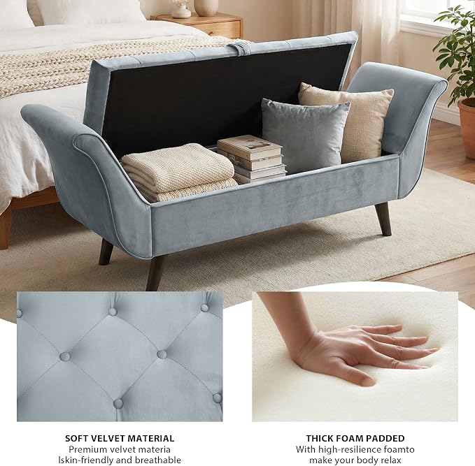 End of Bed Storage Bench for Bedroom, 65" King Size Velvet Storage Bench with 2 Pillows, Upholstered Rolled Armed Button Tufted Sofa Ottoman Bench, Long Narrow Bench for Entryway (Gray)