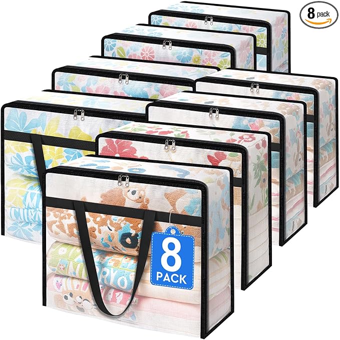 TasticTotes 8 Pack Clear Storage Bags for Comforter, Clothes & Bedding, 90L | Plastic Blanket Storage with Zipper & Handle, Foldable Moving Bags, Closet Organizer and Under-Bed Storage Containers