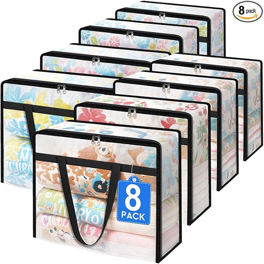 TasticTotes 8 Pack Clear Storage Bags for Comforter, Clothes & Bedding, 90L | Plastic Blanket Storage with Zipper & Handle, Foldable Moving Bags, Closet Organizer and Under-Bed Storage Containers