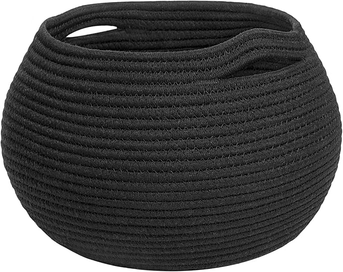 Goodpick Round Woven Storage Basket for Shelves, 12.5" x 8.3", Black | Small Rope Basket with Handles, Holds Blankets, Toys & Nursery Essentials, Decorative Basket for Living Room & Home Décor