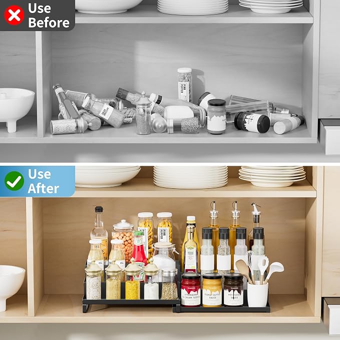 BOIVSHI Spice Rack Organizer for Cabinet, Spices Neatly Organized | Expandable Spice Rack, Metal Spicy Shelf, 3 Tier Seasoning Organizer for Cabinet, Countertop, Pantry, Black