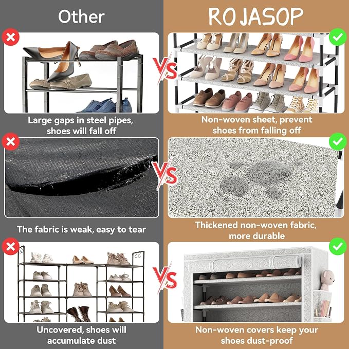 ROJASOP 10 Tier Shoe Rack with Covers Large Capacity Stackable Tall Shoe Shelf Storage for 50-55 Pairs Shoe and Boot, Sturdy Free Standing Shoe Rack Organizer for Closet, Entryway, Bedroom, Printing