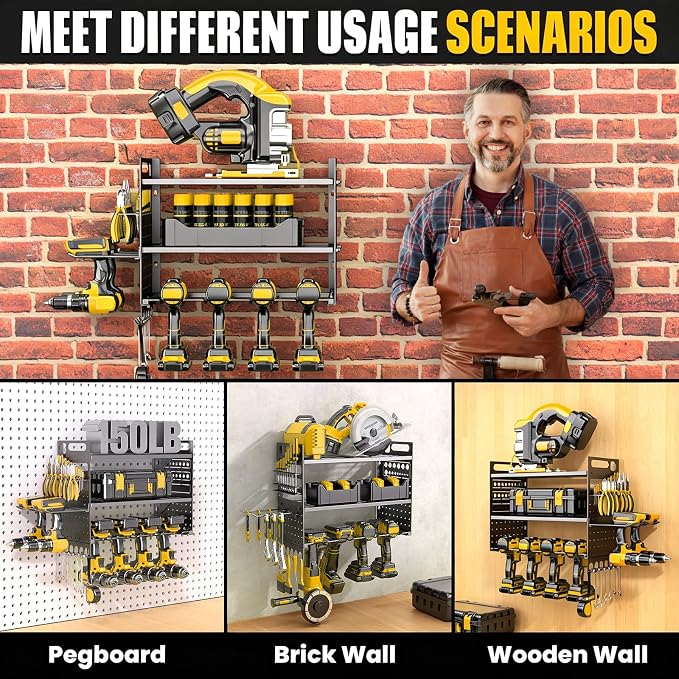 16.5" W Power Tool Organizer Wall Mount, 3-Layer,6 Drill Holders | Small Tool Storage Rack, Heavy Duty 150 lb Load Capacity for Garage Workshop, Black, Gift for Men