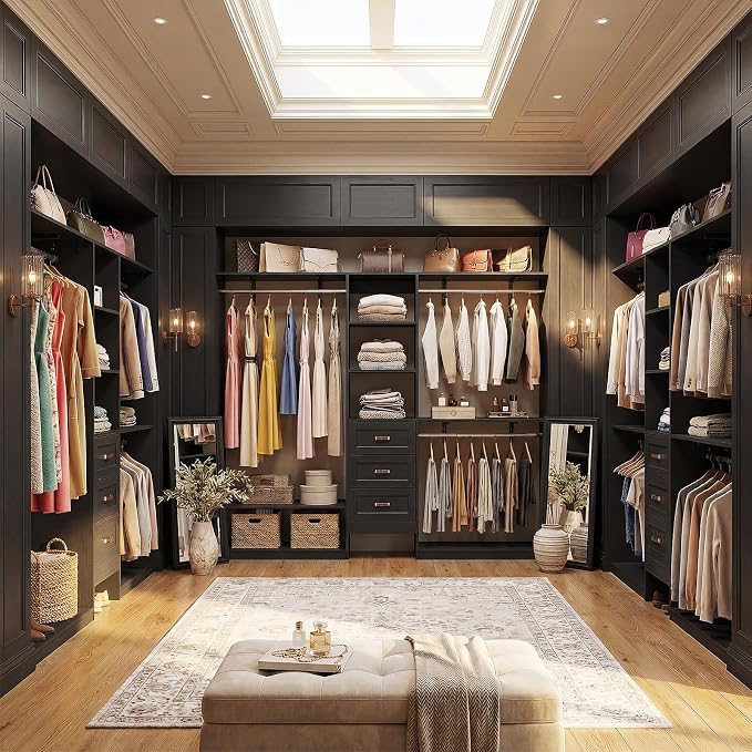 8FT Closet System with 3 Curved Drawers, 96'' Wooden Walk-in Closet Organizer with 3 Top Shelves, Adjustable Organizer System with 3 Hanging Rods, Built-in Wardrobe Storage Rack for 4-8 ft, Black