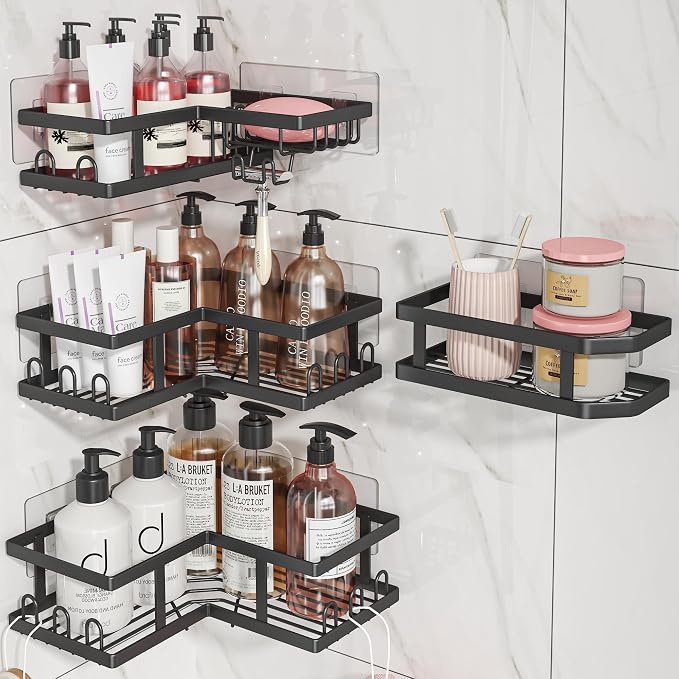 Youvip Shower Caddy Corner No Drilling-Adhesive, Shower Shelves-Rustproof | Organizer for Dorm. Black, 4-Pack - with Soap Holder
