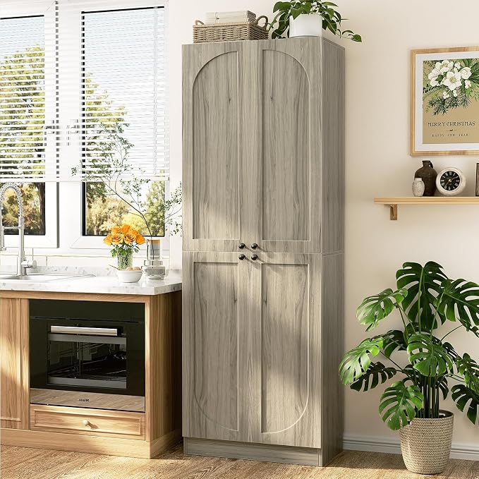 Cyclysio 80" Kitchen Pantry, Extra Tall Arch Storage Cabinet with 8 Soft Close Doors and Adjustable Shelves, Freestanding Wood Cupboard with Seamless Fit Wall for Dining Living Room Bathroom Furniture
