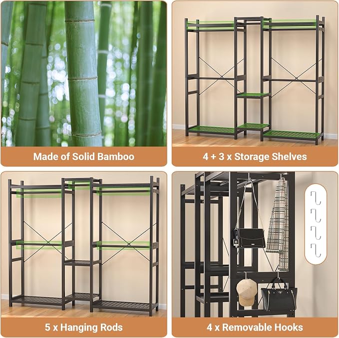 Bamboo Closet System Clothes Rack, Large Freestanding Garment Rack Clothing Rack for Hanging Clothes with 7 Storage Shelves and 5 Rods, Open Wardrobe Organizer with 4 Hooks, Black