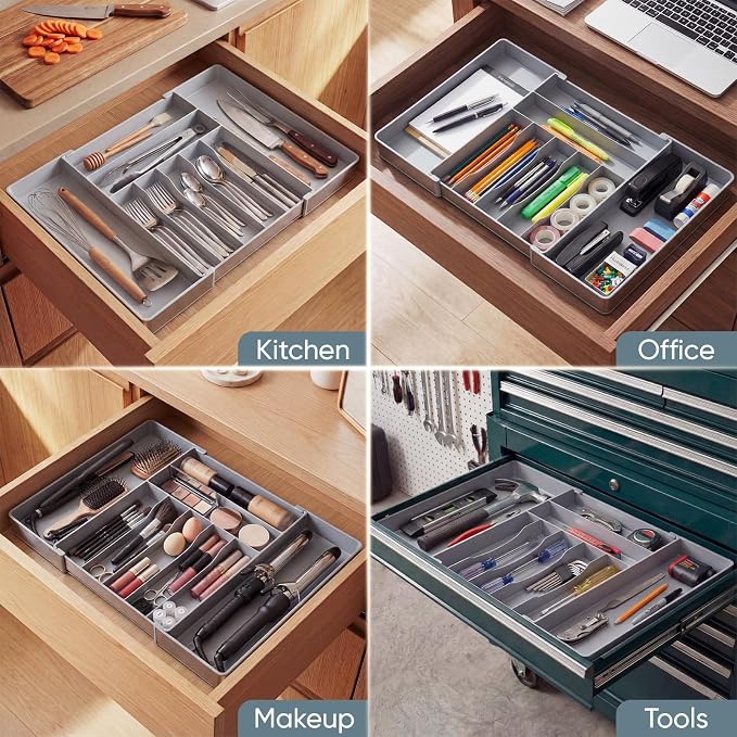 Silverware Drawer Organizer, 9 Slots Expandable Kitchen Drawer Organizer | Extra Large Utensil Holder & Cutlery Tray, Heavy Duty Stainless Steel Frame Flatware Organizer, Non-Slip Feet Included, Gray