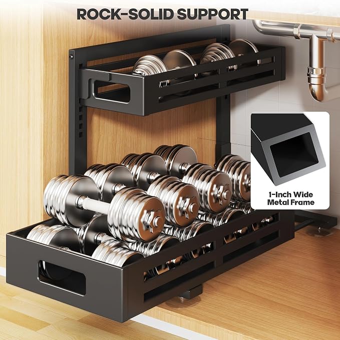 2 Pack 19IN-Depth Under Sink Organizer,Pull Out Cabinet Organizer With Smooth Cylindrical Rail,Metal Slide Out Drawer for Kitchen Bathroom Laundry,8-Level Tool Free Height Adjustable-Black