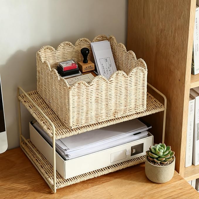 Scalloped Basket, Wicker Storage Baskets, Hand Woven Baskets for Shelves,Natural Baskets for Organizing (Rattan&S-9.5" L x 9.5" W x 5.6" H)