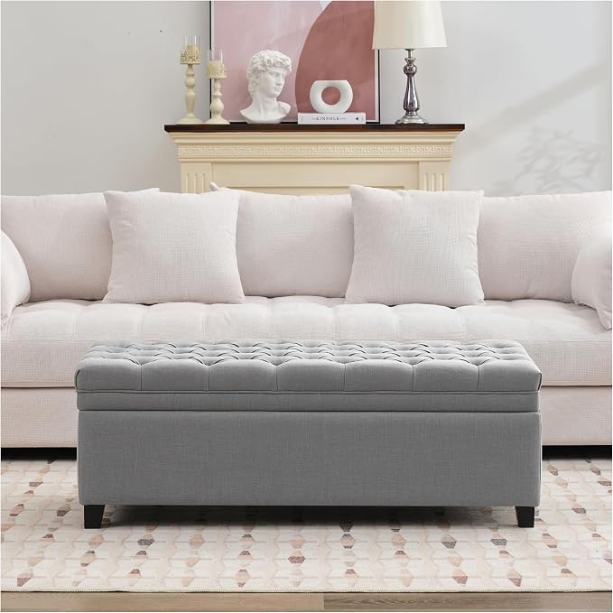51" Storage Ottoman for Bedroom & Living Room, End of Bed Bench with Black Wooden Legs, Linen Upholstered Tufted Ottoman, Entryway Storage Bench, Light Grey