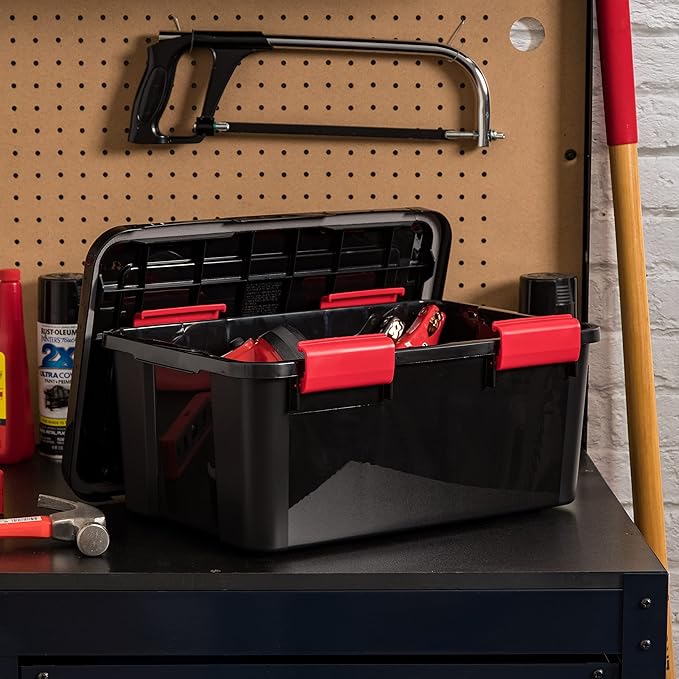 IRIS USA 6-Pack 19 Qt Storage Bins with Gasket Lids, Black/Red | WeatherPro seal protects shoes, crafts, documents and supplies from dust and moisture