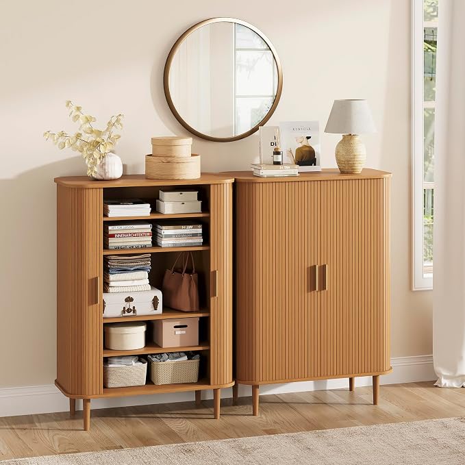 DHH Shoe Storage Cabinet with Sliding Door, 6-Tier Shoe Cabinet with Adjustable Shelves, Mid-Century Modern Freestanding Shoe Storage Organizer for Entryway, Hallway, Living Room (Yellow,31.5 ")