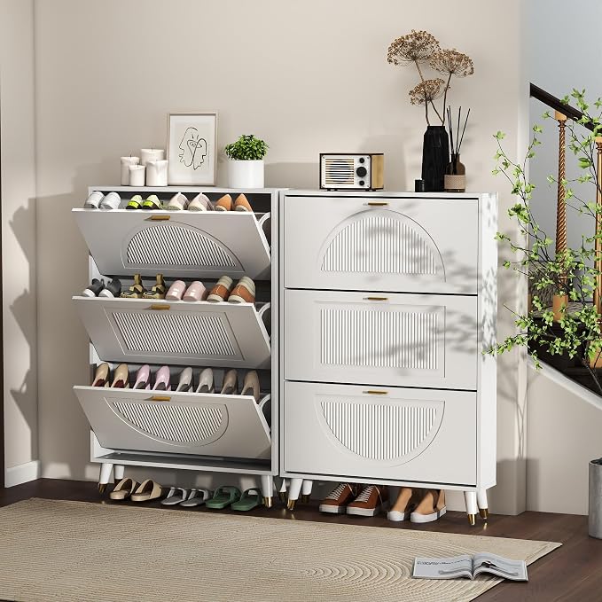 Narrow Shoe Cabinet Storage for Entryway: Cabinet Shoe Rack Organizer, White Shoes Cabinets with 3 Flip Drawers, Modern Shoes Storage Entryway for Front Door Entrance (1 Piece, 32")