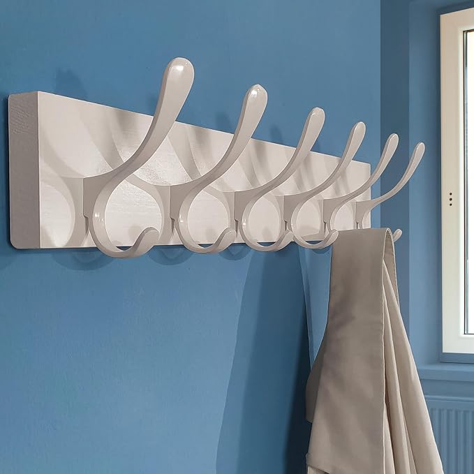 SKOLOO Coat Rack Wall Mount - Wooden White Wall Coat Hook, Wall Coat Hanger Rack with 6 Hooks for Hanging Coats, Hats, Clothing, Scarfs, White