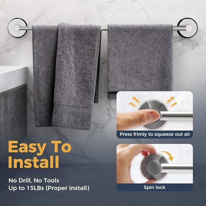 14.6inch~24inch Towel Racks for Bathroom,Adjustable Suction Cup Towel Bar for Bathroom Wall,Stainless Steel Bath Towel Holder for Shower,2 Pack(Brushed Silver)