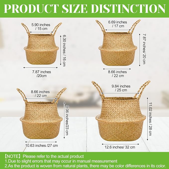 Qunclay 4 Pcs Woven Seagrass Baskets Belly Basket Folding Boho Natural Plant Pot with Handles Round Decorative Wicker Large Indoor Planter for Home Outdoor Tree Planters Decor (Xs,S,M,L)