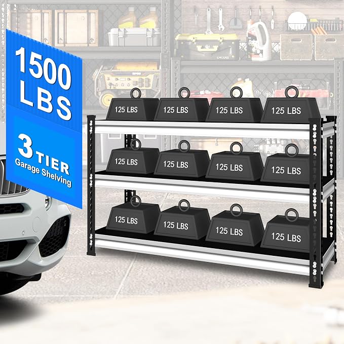 48" W Garage Shelving Heavy Duty, 1500LBS Loads Adjustable Garage Storage Shelves, 3-Tier Metal Shelving Units and Storage Racks, Industrial Utility Shelf,48" Wx18 Dx39 H, White
