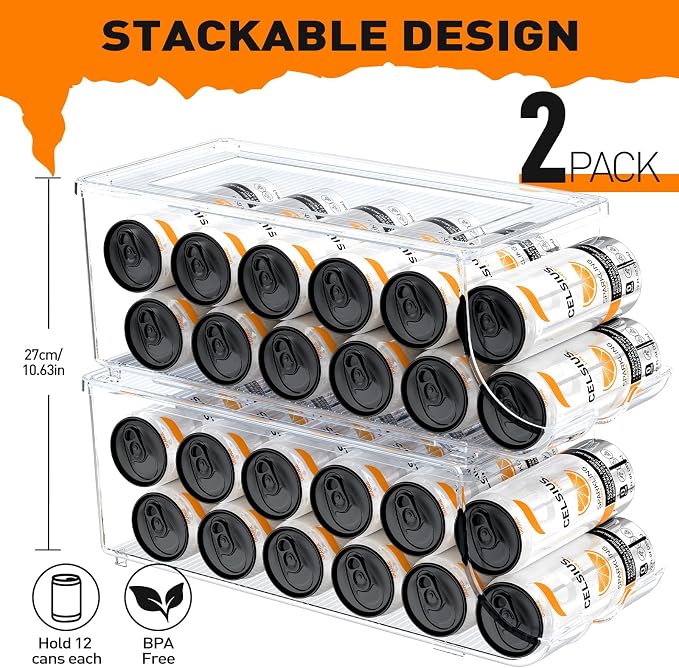 SCAVATA 2 Pack Skinny Can Organizer for Refrigerator, Stackable Tall Skinny Soda Pop Can Holder Dispenser with Lid for Fridge Pantry Rack Freezer, Clear Plastic Storage Bins-Holds 12 Slim Cans Each
