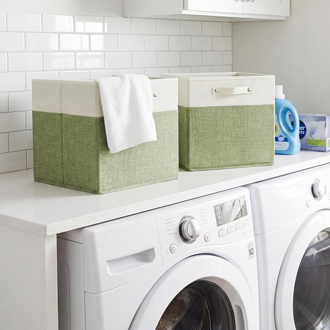 FinishingBo 13 inch Cube Storage Bins with Handles 6 Pack | Foldable Linen Storage Baskets, Closet Organizers, Shelf Baskets, White Green