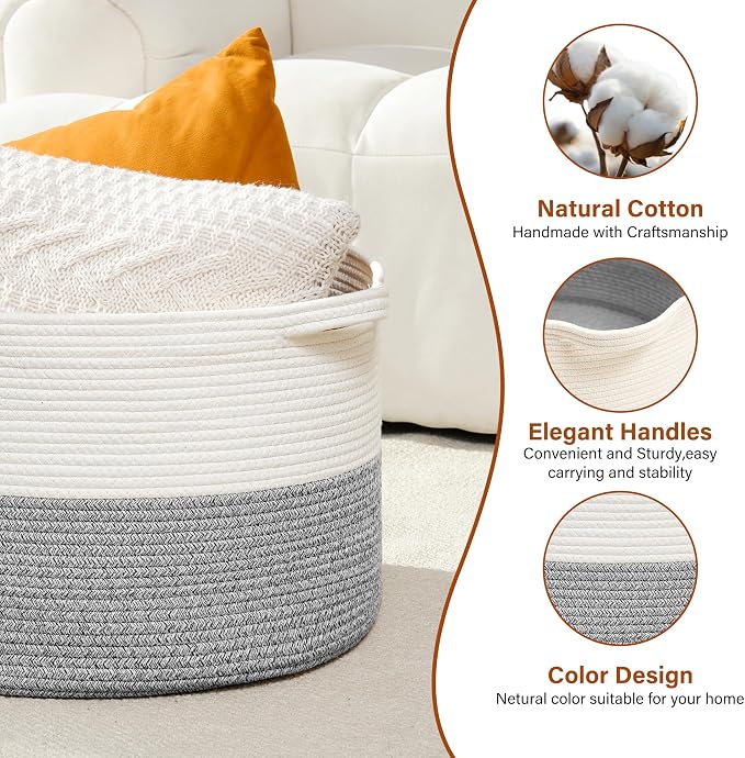 Foldable Laundry Hamper Basket with Collapsible Handle Cotton Rope Soft Woven Fabric Storage Organizer Clothes Toys Nursery Bedroom Dorm Space Saving Bin (White & Light Grey, 80L(21.7"D x 13.8"H))