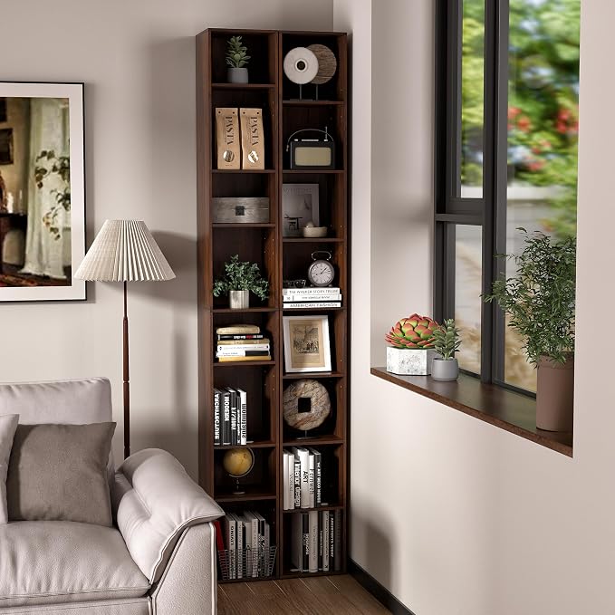 8-Cube Storage Organizer Bookcase, Tall Narrow Bookshelf for Home Office (Dark Brown)