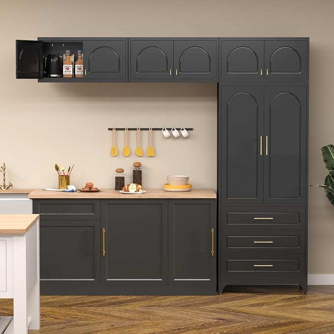 Polup Kitchen Pantry Cabinet, 90" Tall Metal Storage Cabinet with 3 Drawers | Black Heavy-Duty Steel Cupboard, 4 Doors, 2 Adjustable Shelves, Magnetic Latch, Gold Handles, for Dining Living Room, Laundry