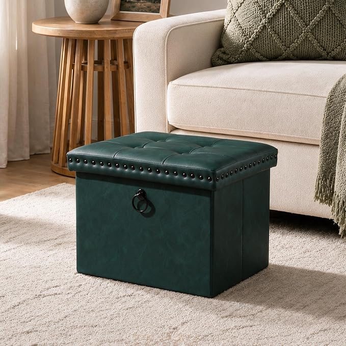 oakvivo Small 16 x 12 x12 Inches Folding Storage Ottoman, Faux Leather Foot Rest Stool with Rivet Design, Ottoman with Storage Vanity Stool Coffee Table for Living Room, Bedroom, Load 242 lbs, Green