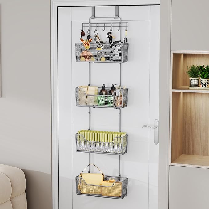 HapiRm Over The Door Organizer - Hanging Door Organizer with 4 Metal Large Capacity Baskets and Adjustable Coat Hook for Bathroom Bedroom Kitchen Pantry Closet Cabinet