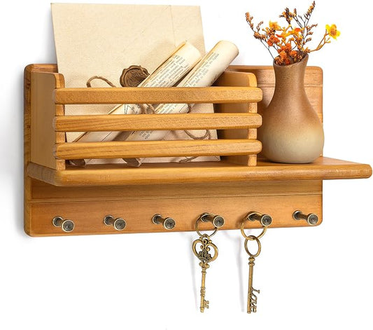 Rebee Vision Key Holder Wall Mount with Mail Slot for Home Decor, Yellow | Pine Wood, Key Holder for Wall, Storage Shelf, 8 Hooks, Mail Holder, Bedroom, Apartment Decor, Home Decor, Decorative Storage
